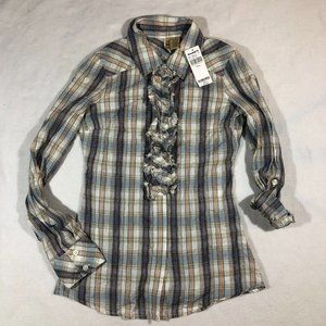 NEW BKE Buckle Womens Small Hidden Button Front Plaid Ruffle Shirt NWT $33